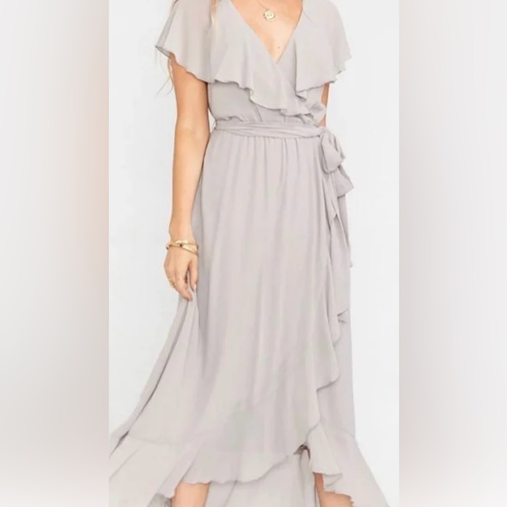 NWT SHOW ME YOUR MUMU JESS RUFFLE MIDI DRESS DOVE GREY CHIFFON